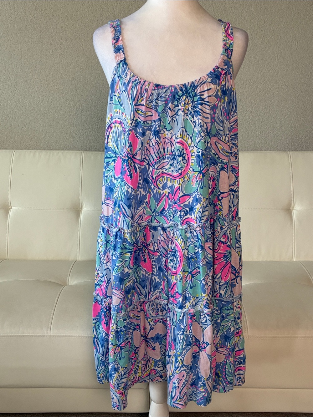 Lilly Pulitzer Blue Pink Floral Print Midi Summer Tank Dress